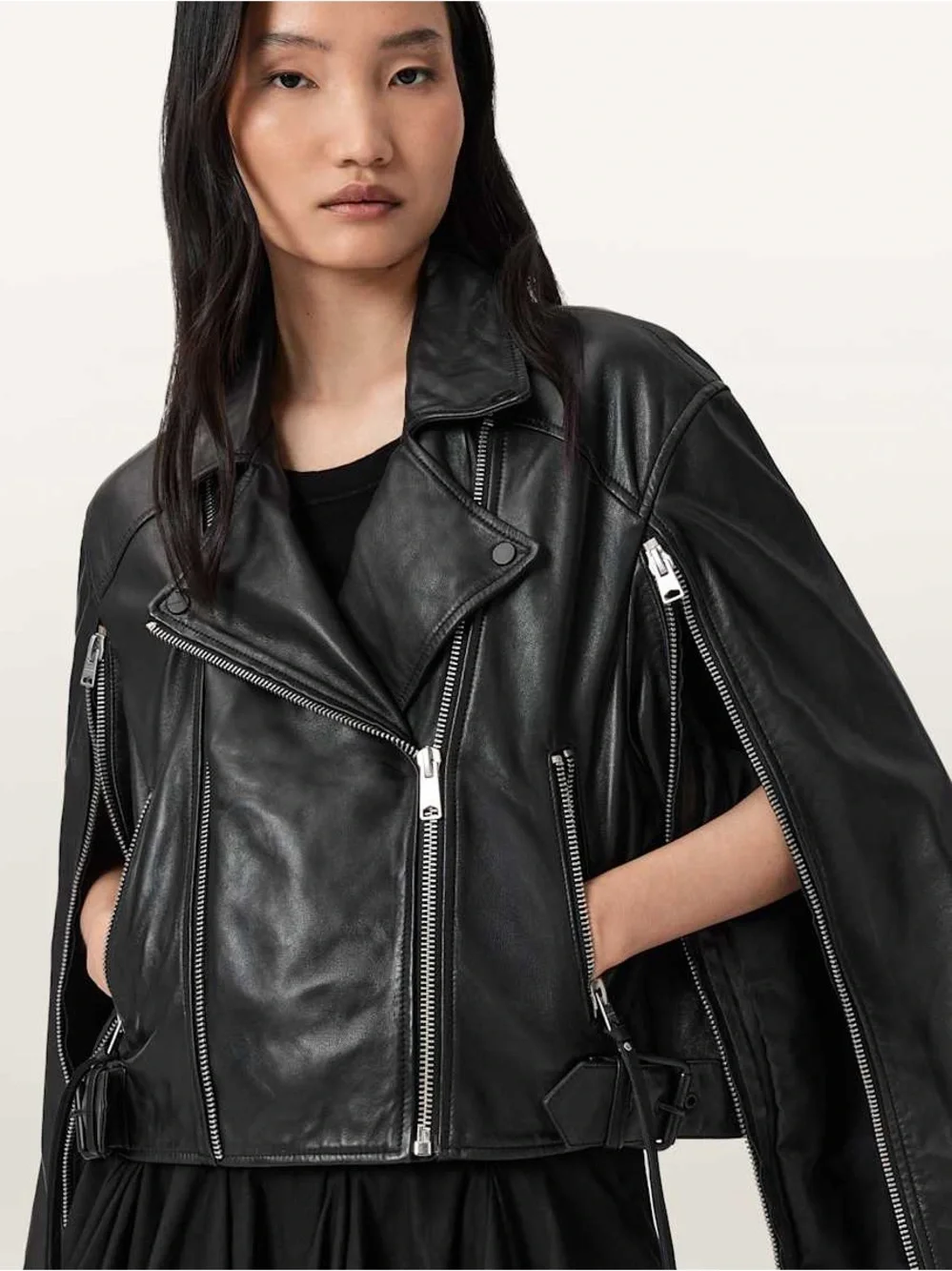 All Saints Masone Leather Zip Open Sleeve Moto Asymmetrical Jacket Medium $649 - Picture 4 of 9